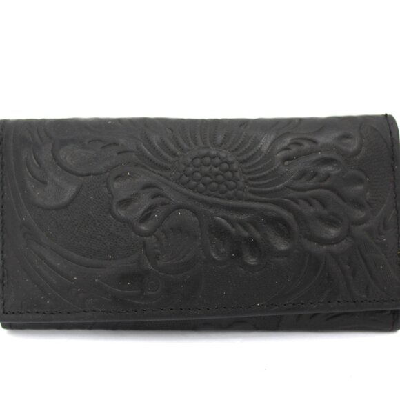 Embossed Tooled Black Leather Wallet Trifold Organizer Women's Made in Mexico - Picture 2 of 8